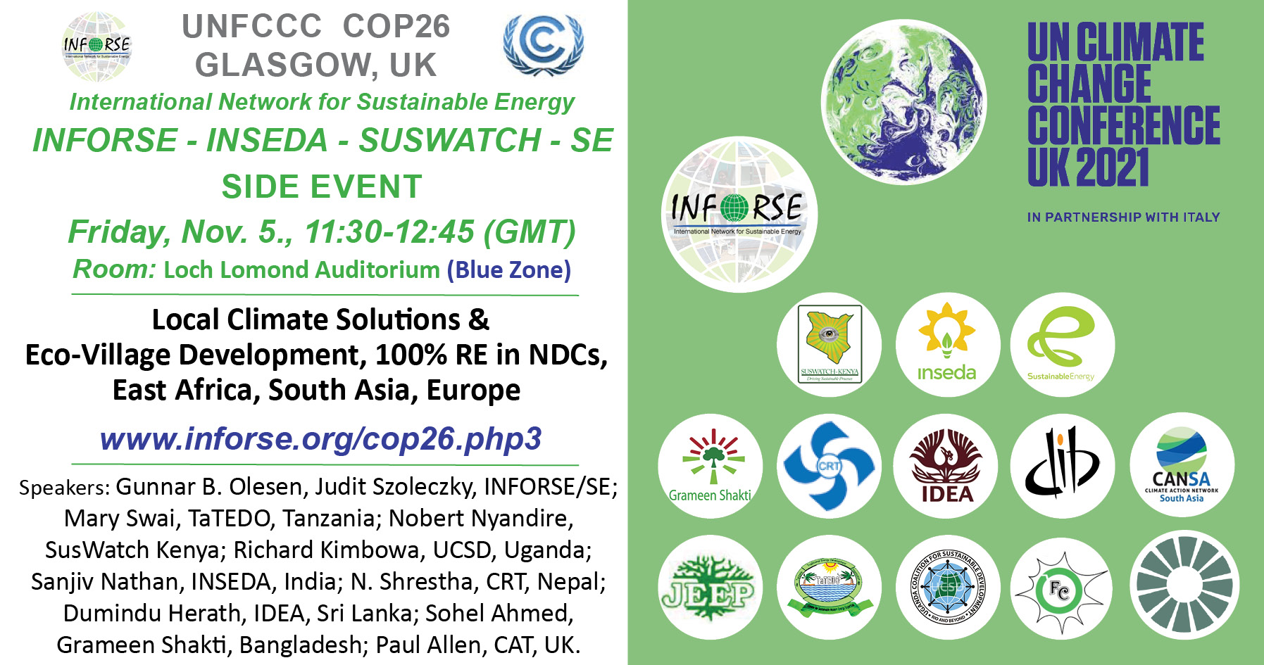 INFORSE  COP26 side event Local Climate Solutions & Eco-Village Development, 100% RE in NDCs, East Africa, South Asia, Europe